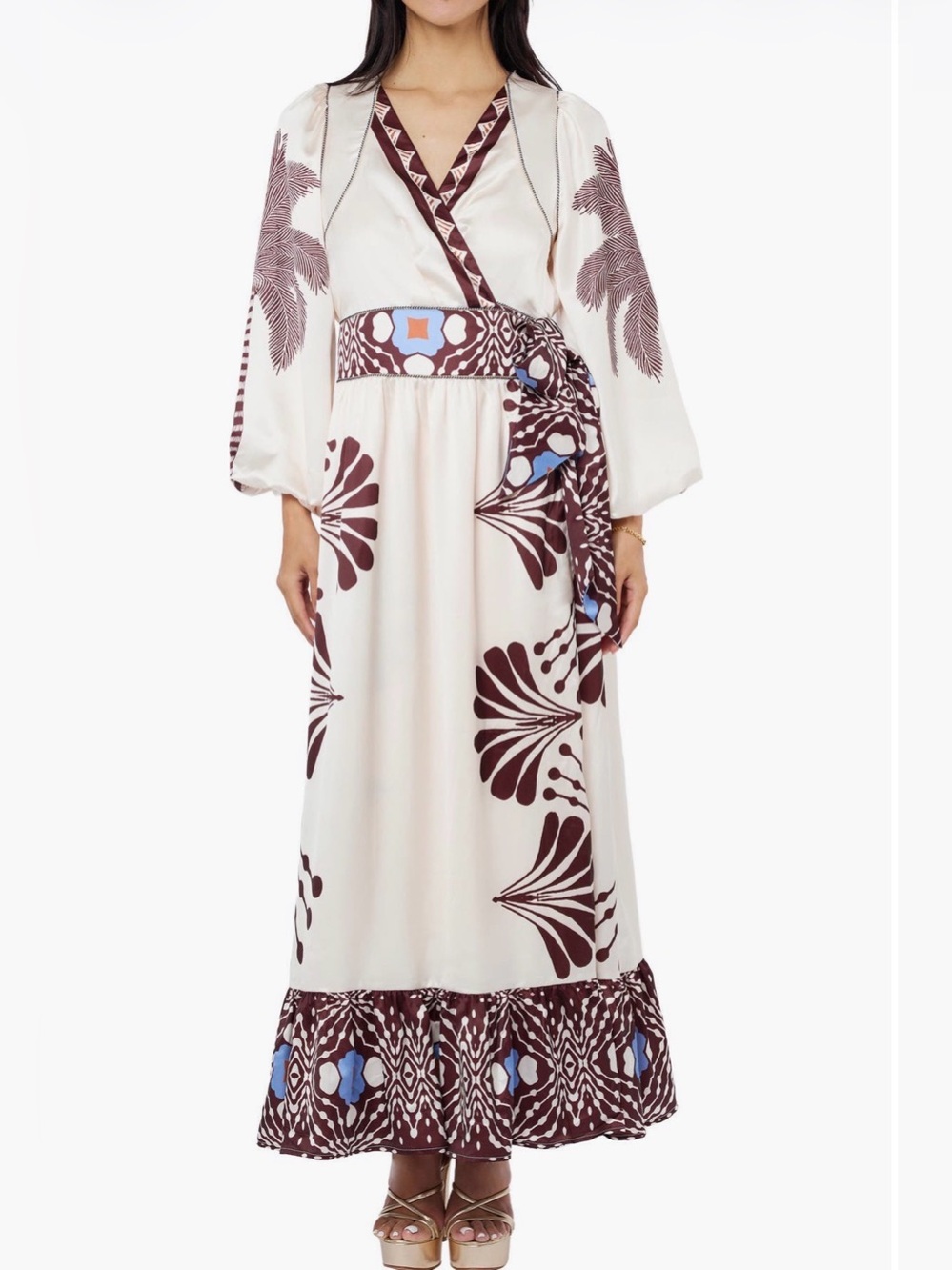 CIEBON Willow Print Long Sleeve Satin Maxi Dress
